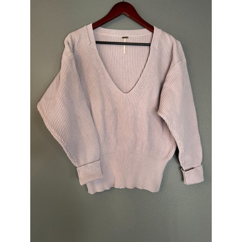 Free People Ribbed V Neck Sweater Cotton Blend Womens XL Lavender Gray Relaxed